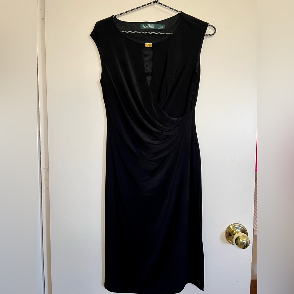 Lauren Ralph Lauren black, sleeveless work dress with flattering draping
